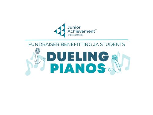 Music Notes, Microphones, the Words Dueling Pianos, and the JA Logo
