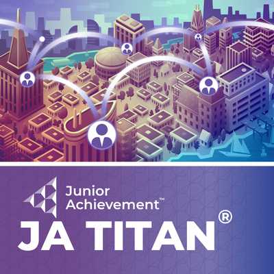 JA Titan Logo with animation of a pretend city