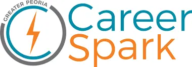 The words Greater Peoria Career Spark in blue and orange with a lightning bolt