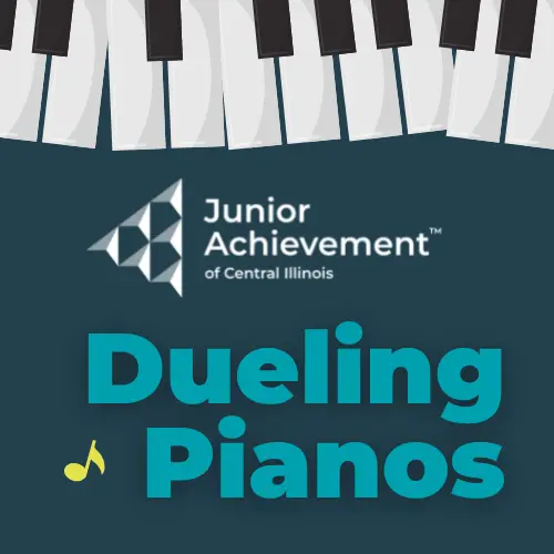 Piano keys over JA Logo & Dueling Pianos